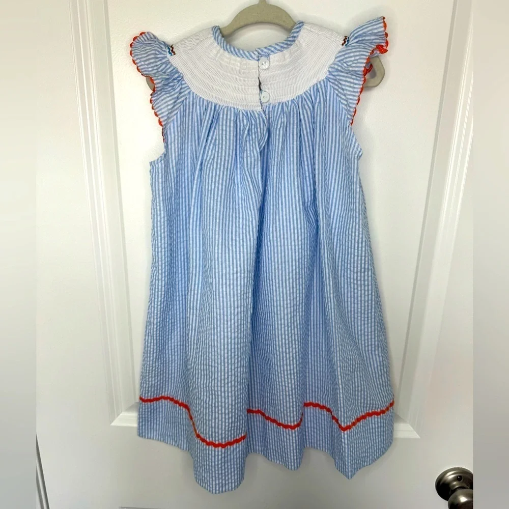 Lil Cactus Girls Thanksgiving Turkey Smocked Light Blue Pinstripe Dress Size 2T